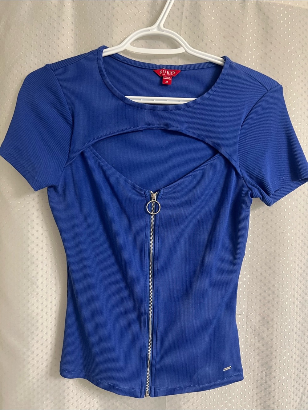 GUESS Royal Blue Short Sleeve Zip Cutout Top